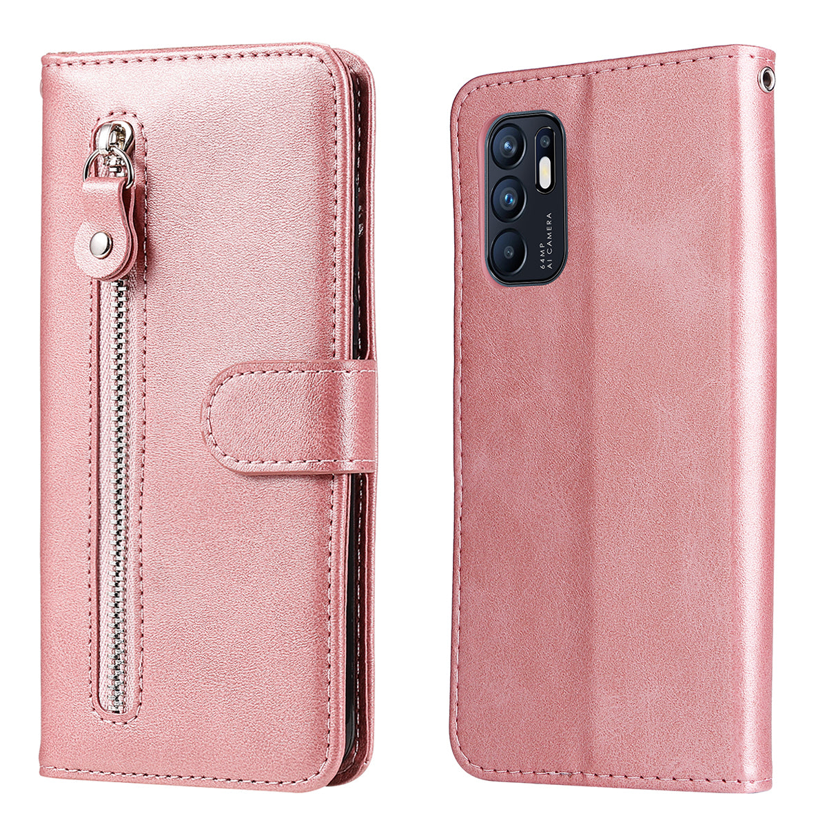 PU Leather Phone Case Zipper Pocket Design Wallet Stand Anti-Collision Phone Case for Oppo Reno6 4G