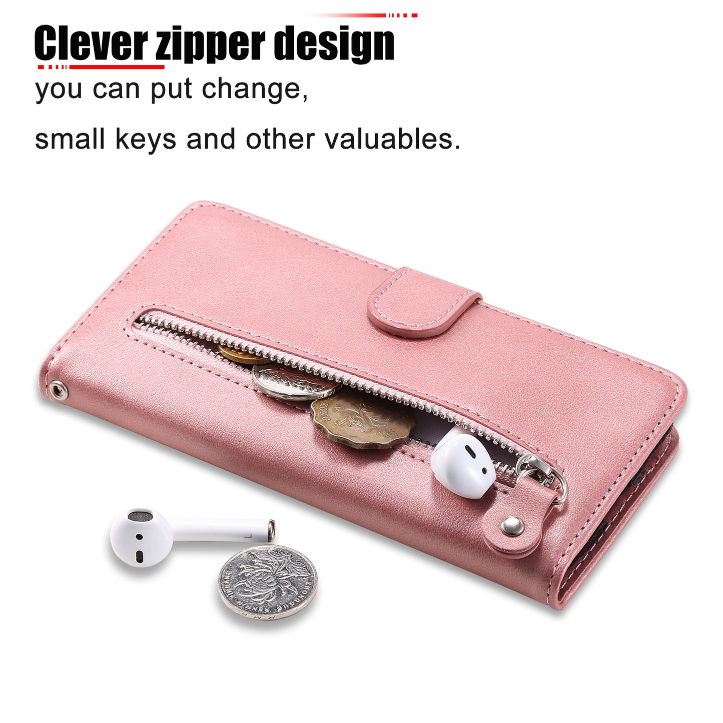 PU Leather Phone Case Zipper Pocket Design Wallet Stand Anti-Collision Phone Case for Oppo Reno6 4G