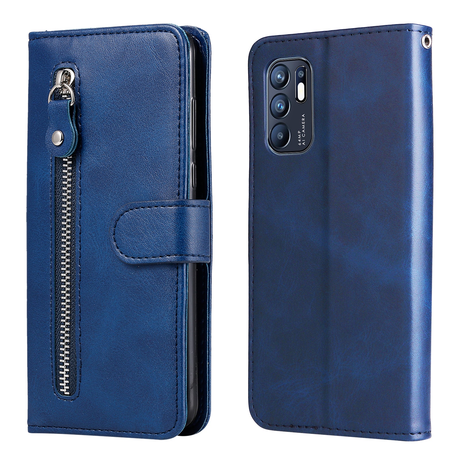 PU Leather Phone Case Zipper Pocket Design Wallet Stand Anti-Collision Phone Case for Oppo Reno6 4G