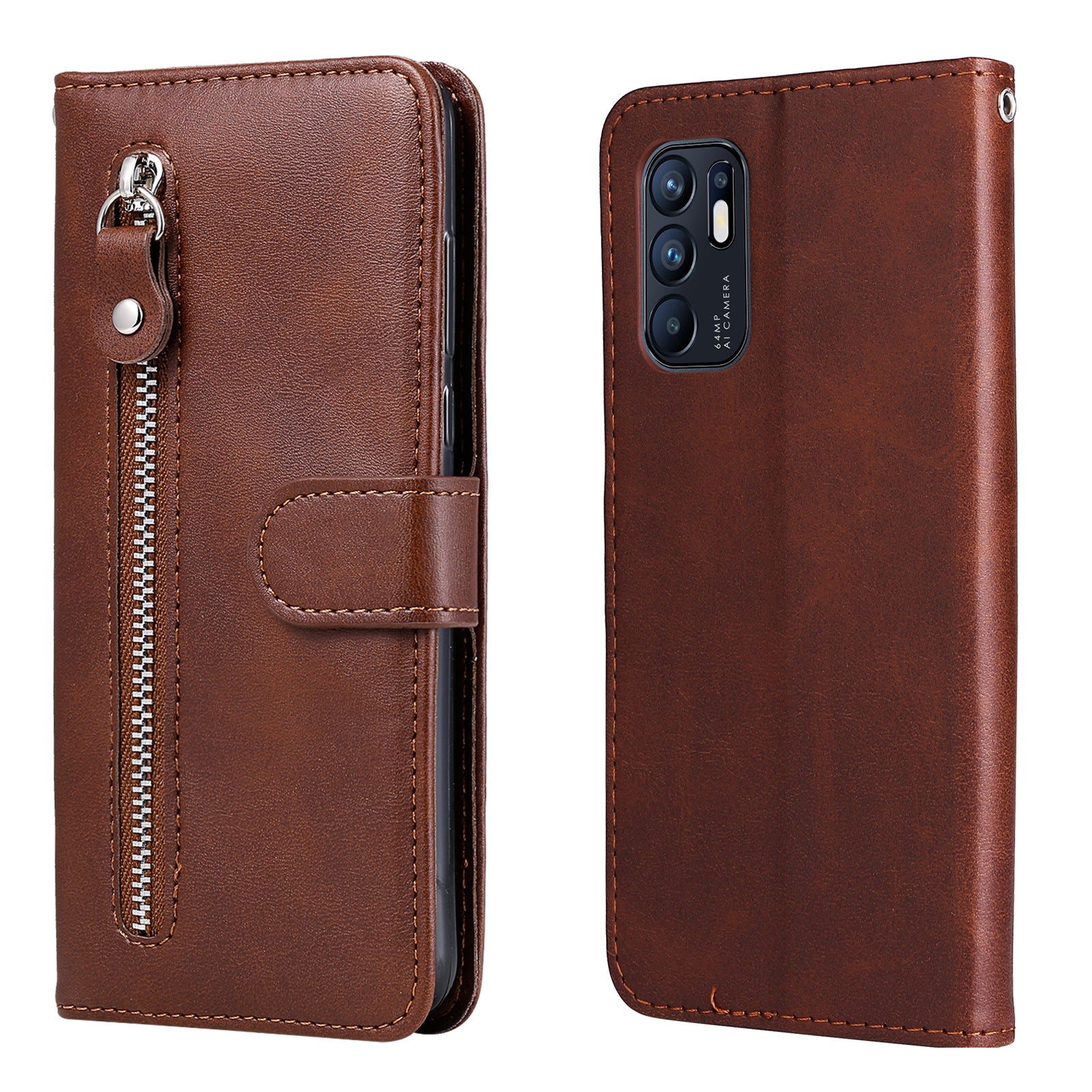 PU Leather Phone Case Zipper Pocket Design Wallet Stand Anti-Collision Phone Case for Oppo Reno6 4G