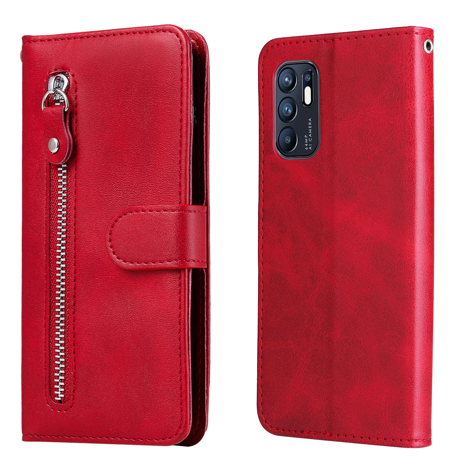 PU Leather Phone Case Zipper Pocket Design Wallet Stand Anti-Collision Phone Case for Oppo Reno6 4G