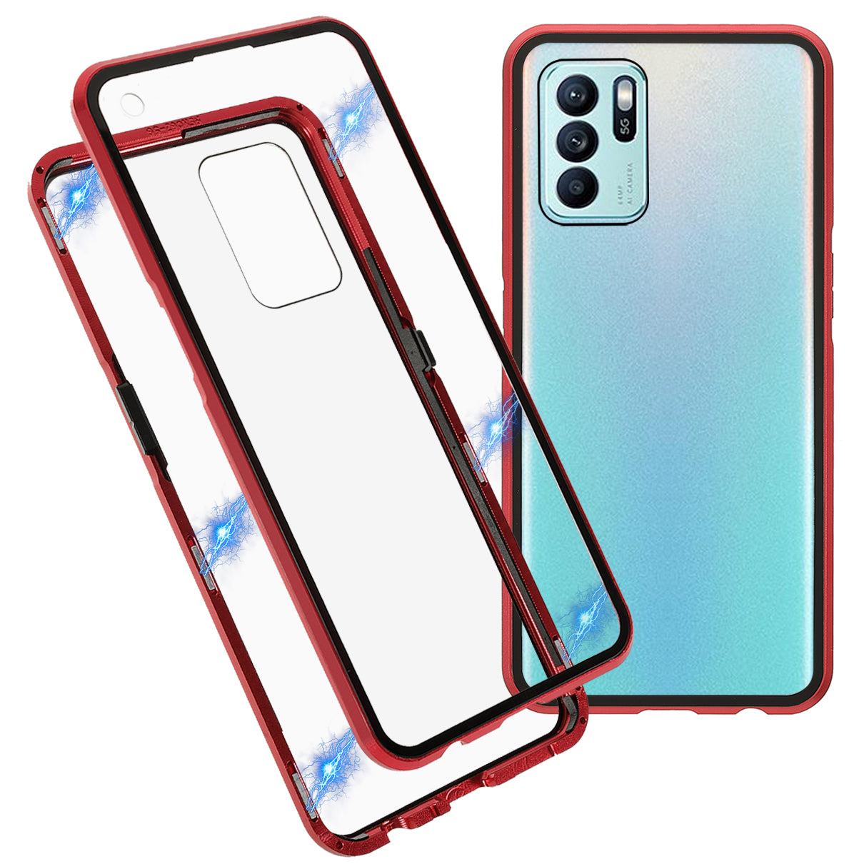 Full Coverage Magnetic Absorption Phone Cover Metal Frame + Double-sided Tempered Glass Hybrid Case for Oppo Reno6 Z