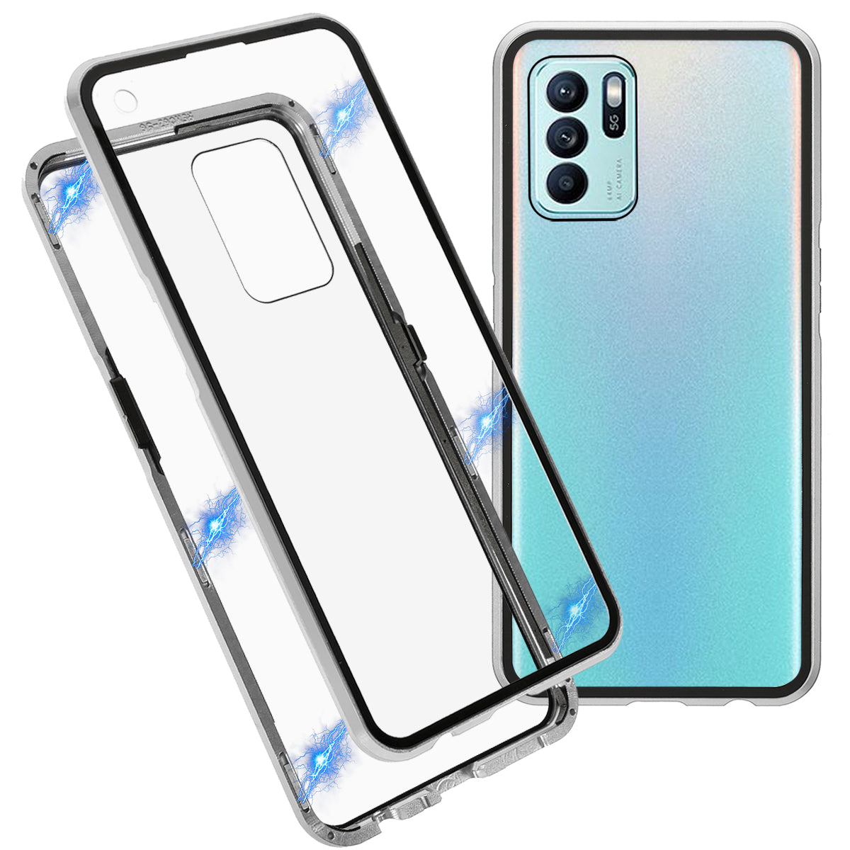 Full Coverage Magnetic Absorption Phone Cover Metal Frame + Double-sided Tempered Glass Hybrid Case for Oppo Reno6 Z