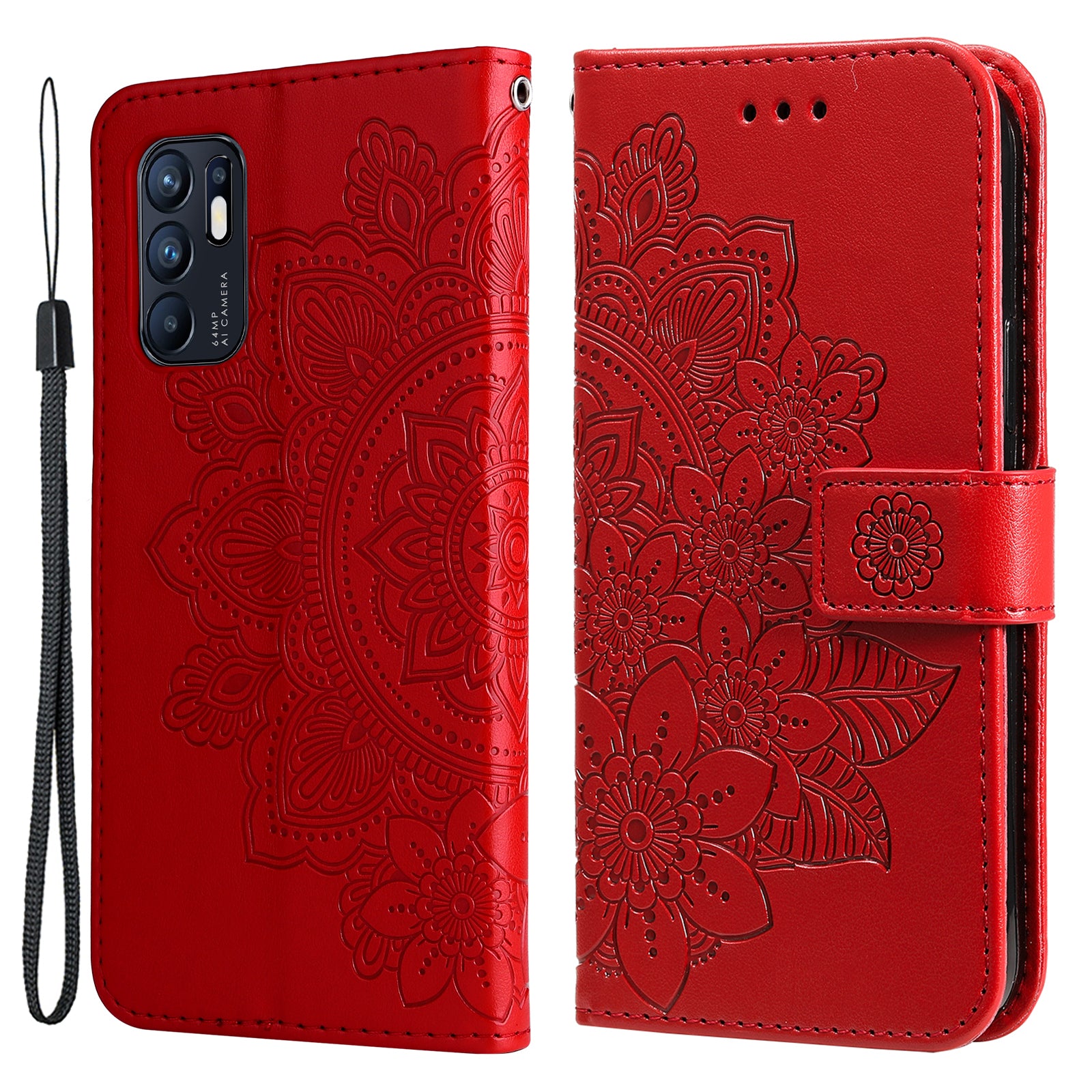 Imprinting Flower Pattern Phone Cover PU Leather + TPU Wallet Stand Protective Case with Hand Strap for Oppo Reno6 4G