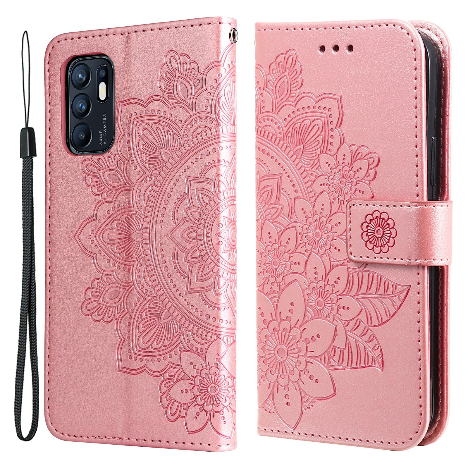 Imprinting Flower Pattern Phone Cover PU Leather + TPU Wallet Stand Protective Case with Hand Strap for Oppo Reno6 4G