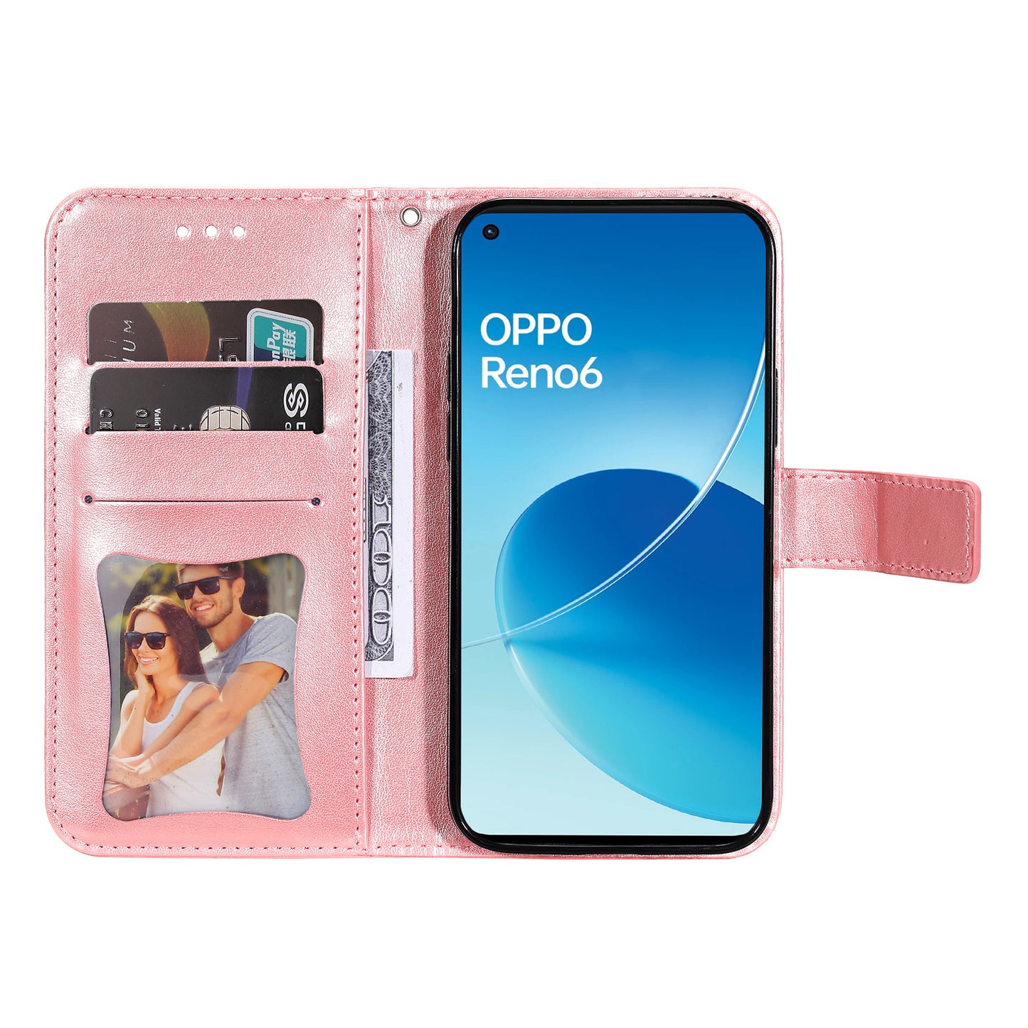 Imprinting Flower Pattern Phone Cover PU Leather + TPU Wallet Stand Protective Case with Hand Strap for Oppo Reno6 4G