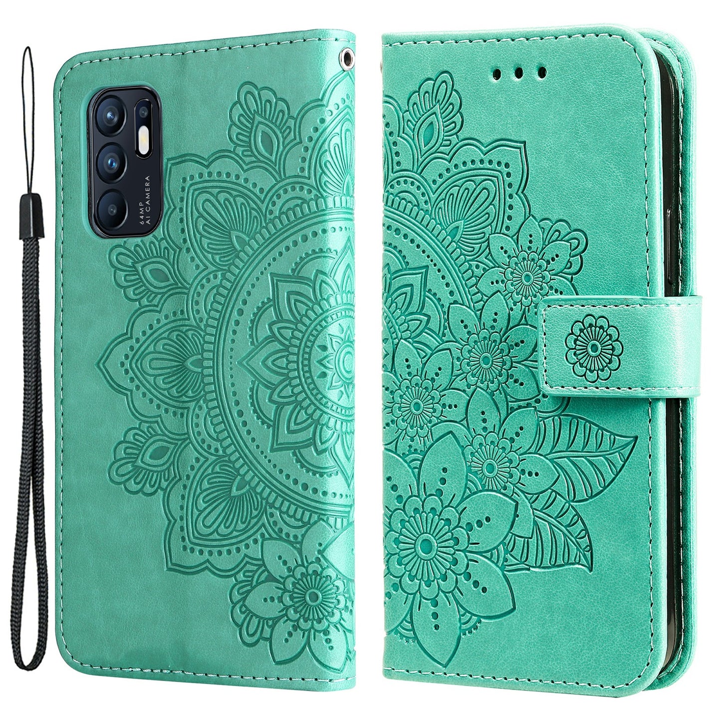 Imprinting Flower Pattern Phone Cover PU Leather + TPU Wallet Stand Protective Case with Hand Strap for Oppo Reno6 4G