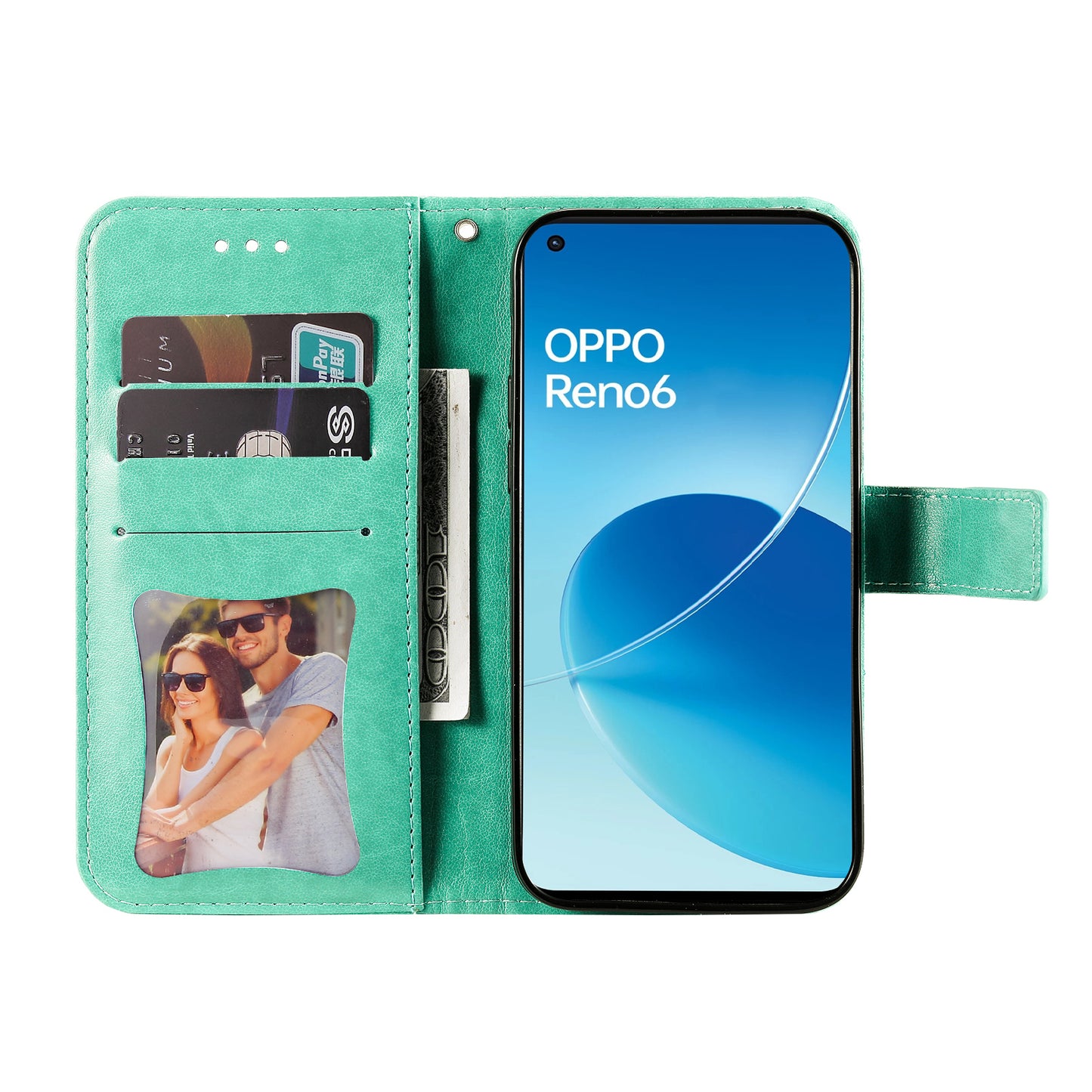 Imprinting Flower Pattern Phone Cover PU Leather + TPU Wallet Stand Protective Case with Hand Strap for Oppo Reno6 4G