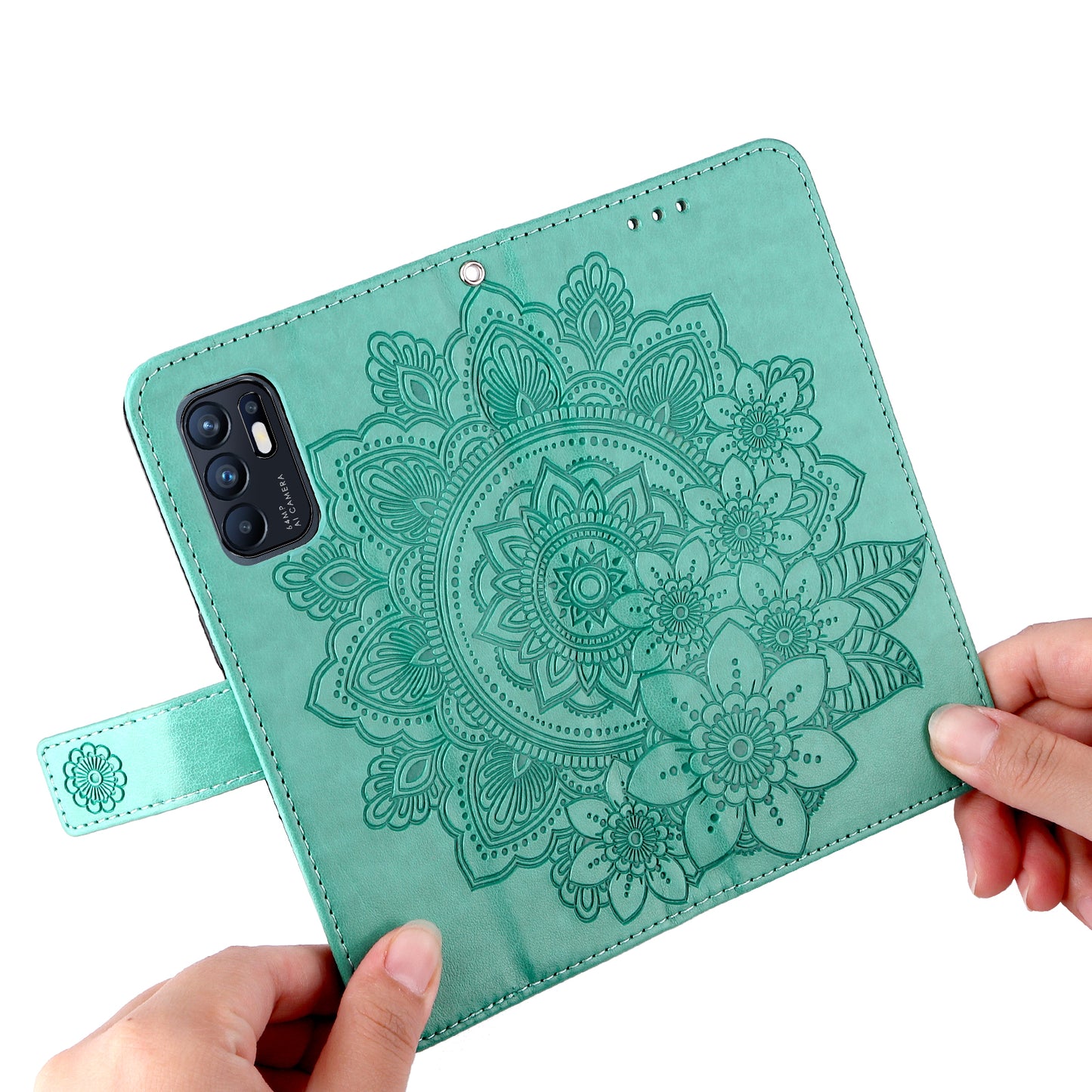 Imprinting Flower Pattern Phone Cover PU Leather + TPU Wallet Stand Protective Case with Hand Strap for Oppo Reno6 4G