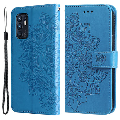 Imprinting Flower Pattern Phone Cover PU Leather + TPU Wallet Stand Protective Case with Hand Strap for Oppo Reno6 4G