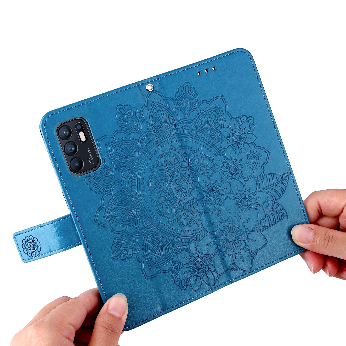 Imprinting Flower Pattern Phone Cover PU Leather + TPU Wallet Stand Protective Case with Hand Strap for Oppo Reno6 4G