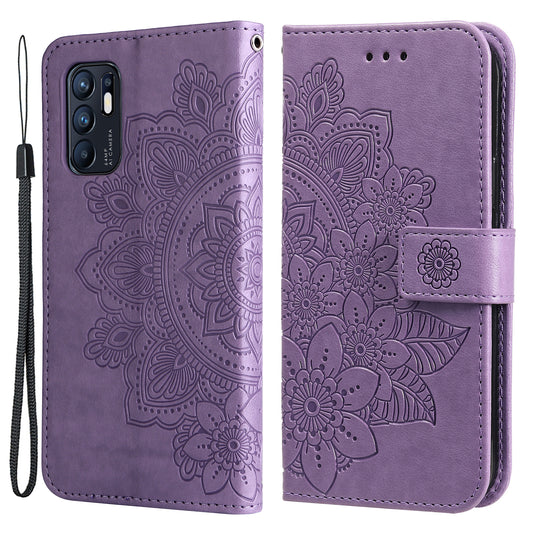 Imprinting Flower Pattern Phone Cover PU Leather + TPU Wallet Stand Protective Case with Hand Strap for Oppo Reno6 4G