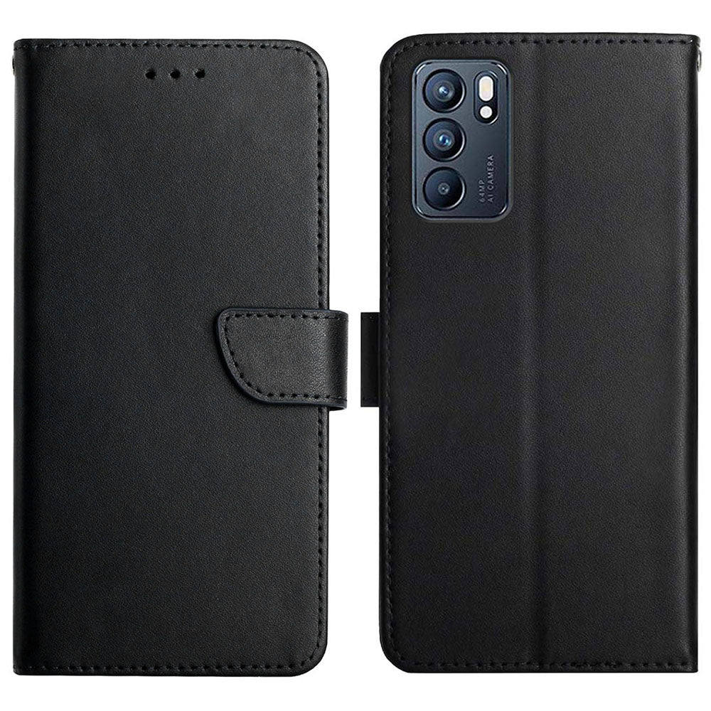 Nappa Texture Genuine Leather Outer Cover + Soft TPU Inner Shell Solid Color Stand Wallet Case for Oppo Reno6 5G