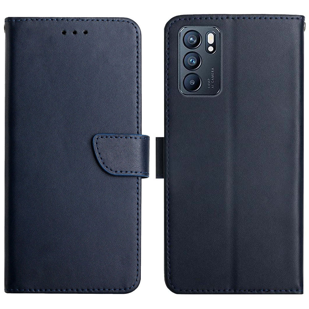 Nappa Texture Genuine Leather Outer Cover + Soft TPU Inner Shell Solid Color Stand Wallet Case for Oppo Reno6 5G