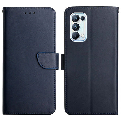 For Oppo Reno5 Pro 5G Genuine Leather Nappa Texture Case Solid Color Wallet Phone Cover with Stand