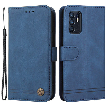 Supporting Stand Retro Tree Pattern Metal Button Decor Wallet PU Leather Phone Case Cover for Oppo Reno6 4G