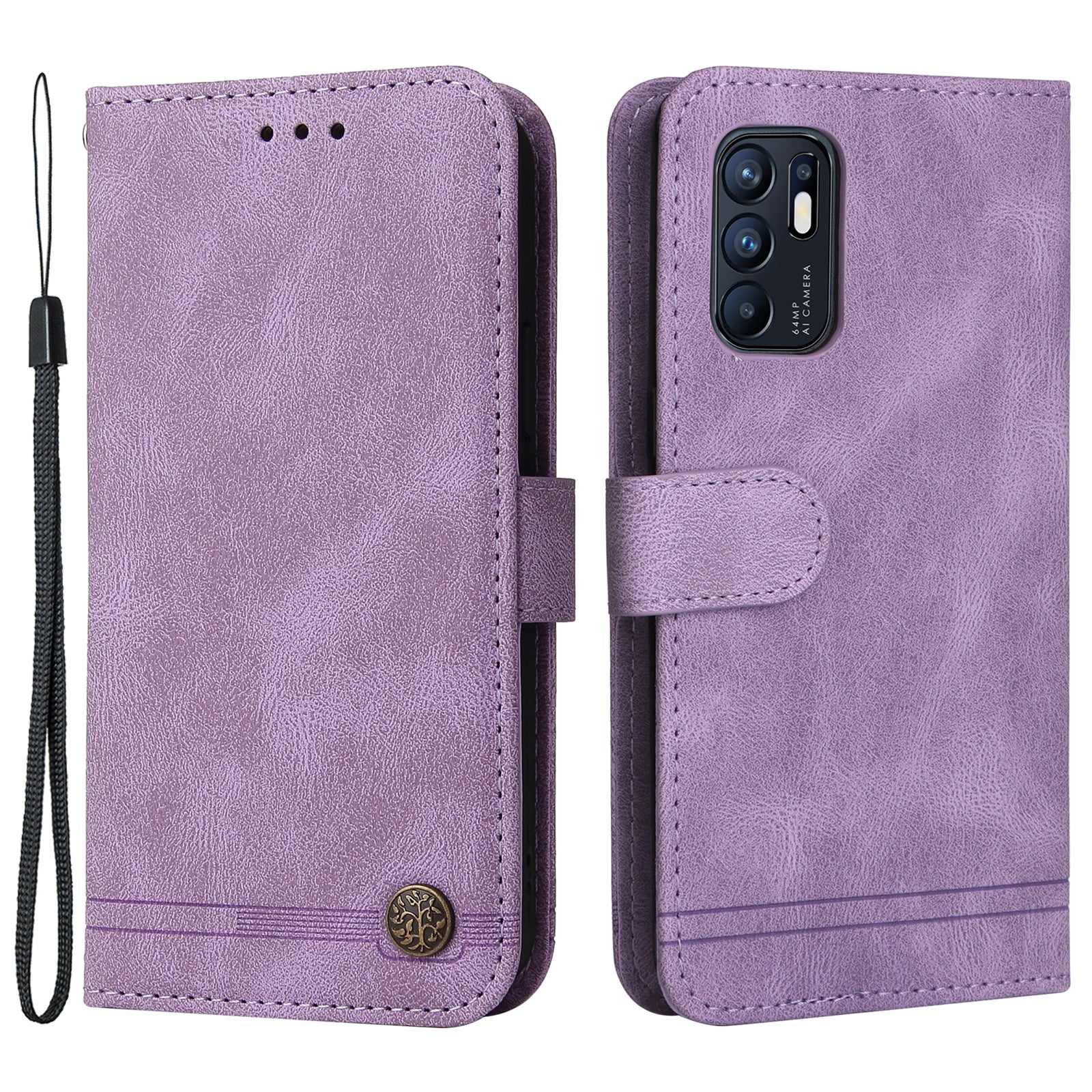 Supporting Stand Retro Tree Pattern Metal Button Decor Wallet PU Leather Phone Case Cover for Oppo Reno6 4G