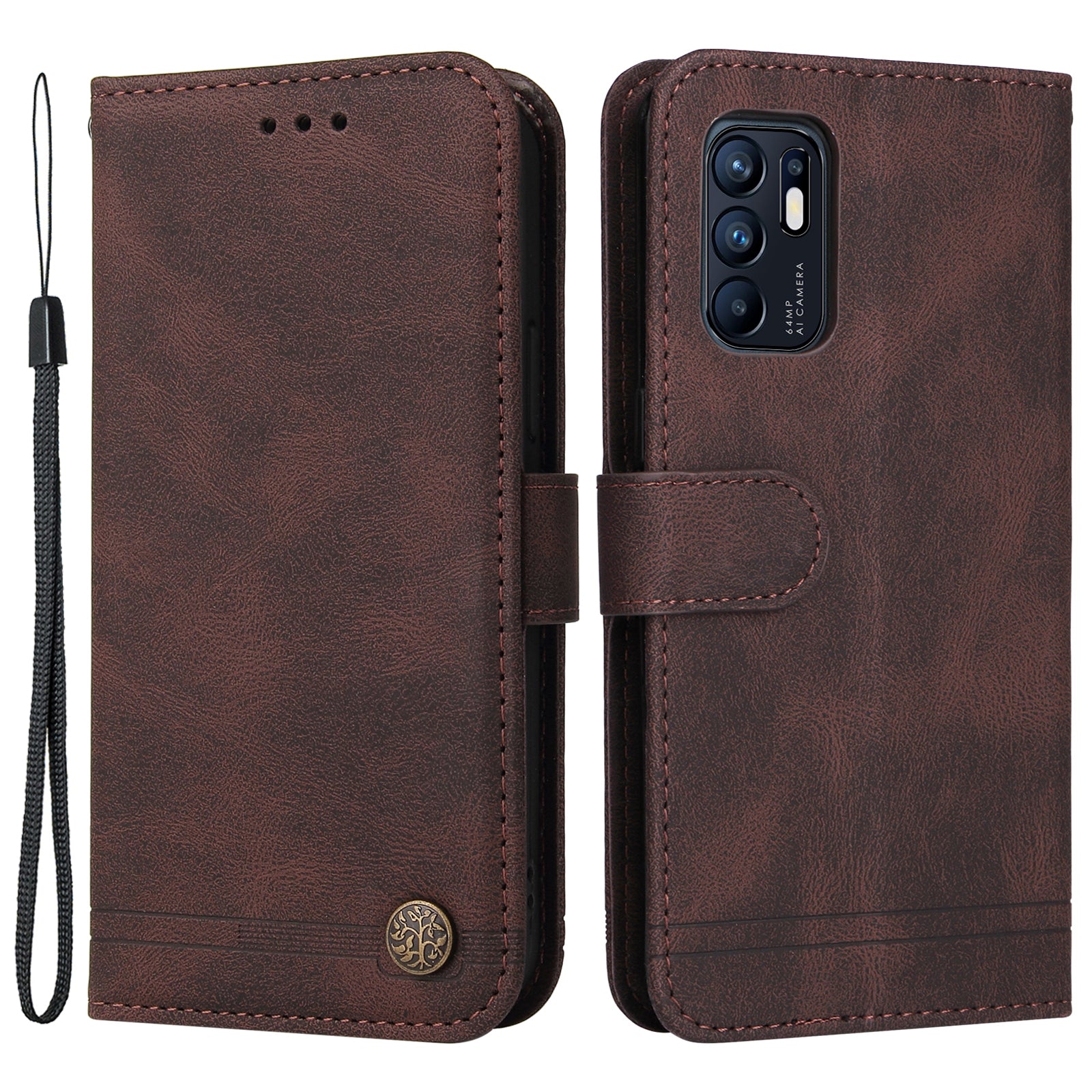 Supporting Stand Retro Tree Pattern Metal Button Decor Wallet PU Leather Phone Case Cover for Oppo Reno6 4G