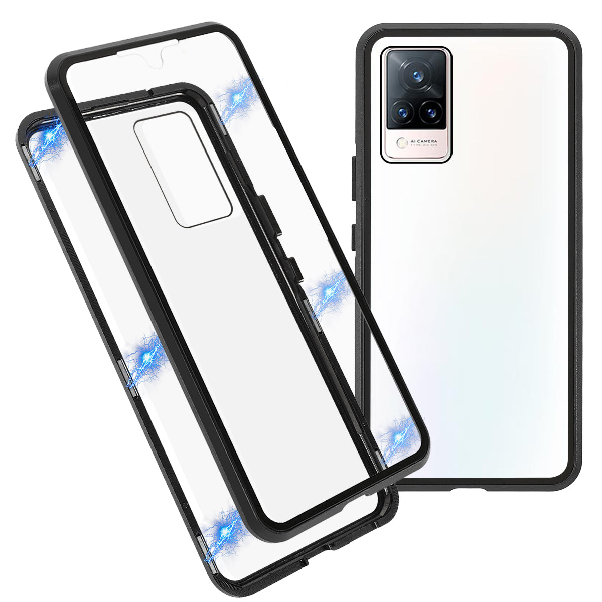 360 Degree Full Protection Metal + Tempered Glass Magnetic Absorption Hybrid Phone Case Shell for vivo V21 5G