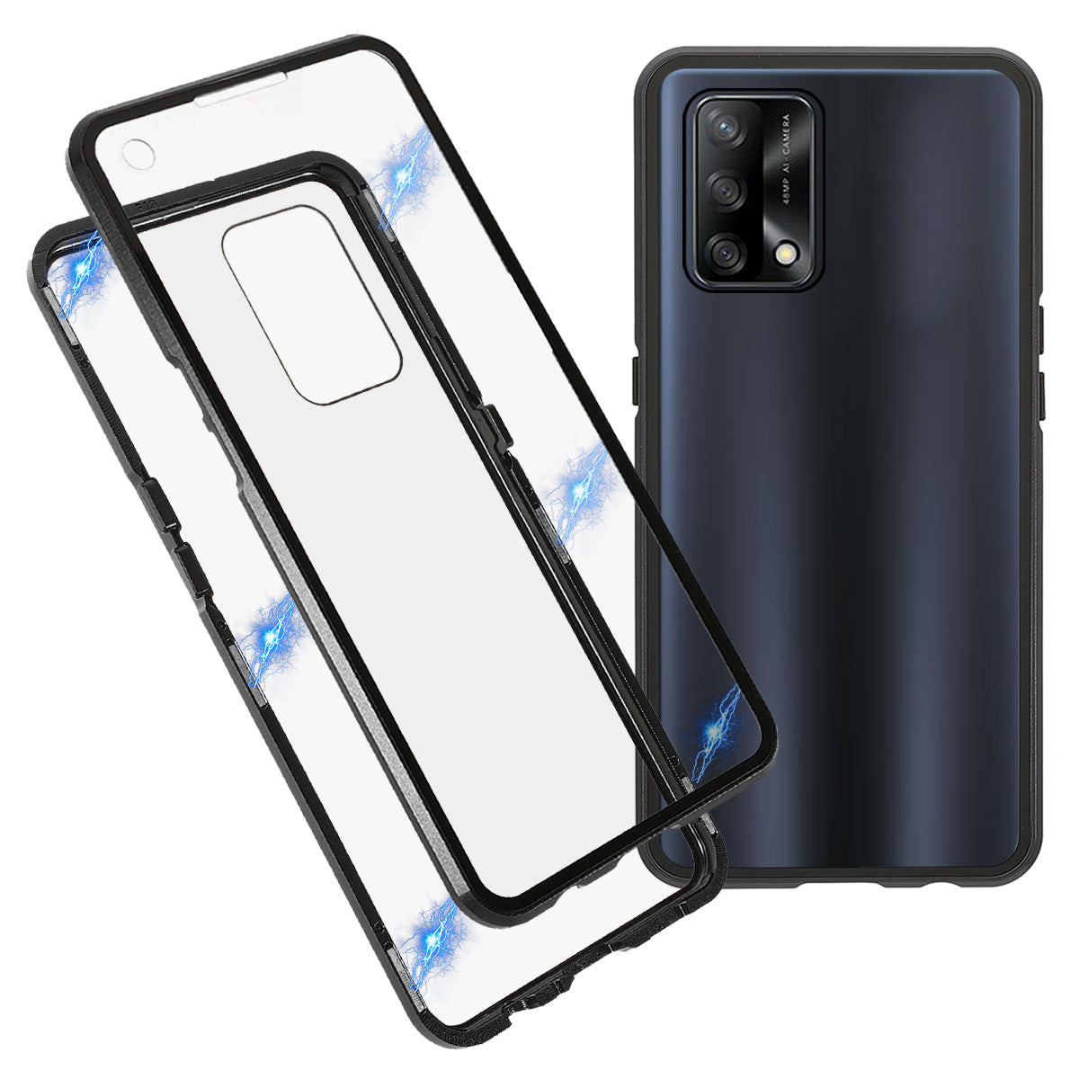 Metal Frame + Double-sided Tempered Glass Hybrid Cover Magnetic Absorption Full Coverage Phone Case for Oppo A74 4G/F19