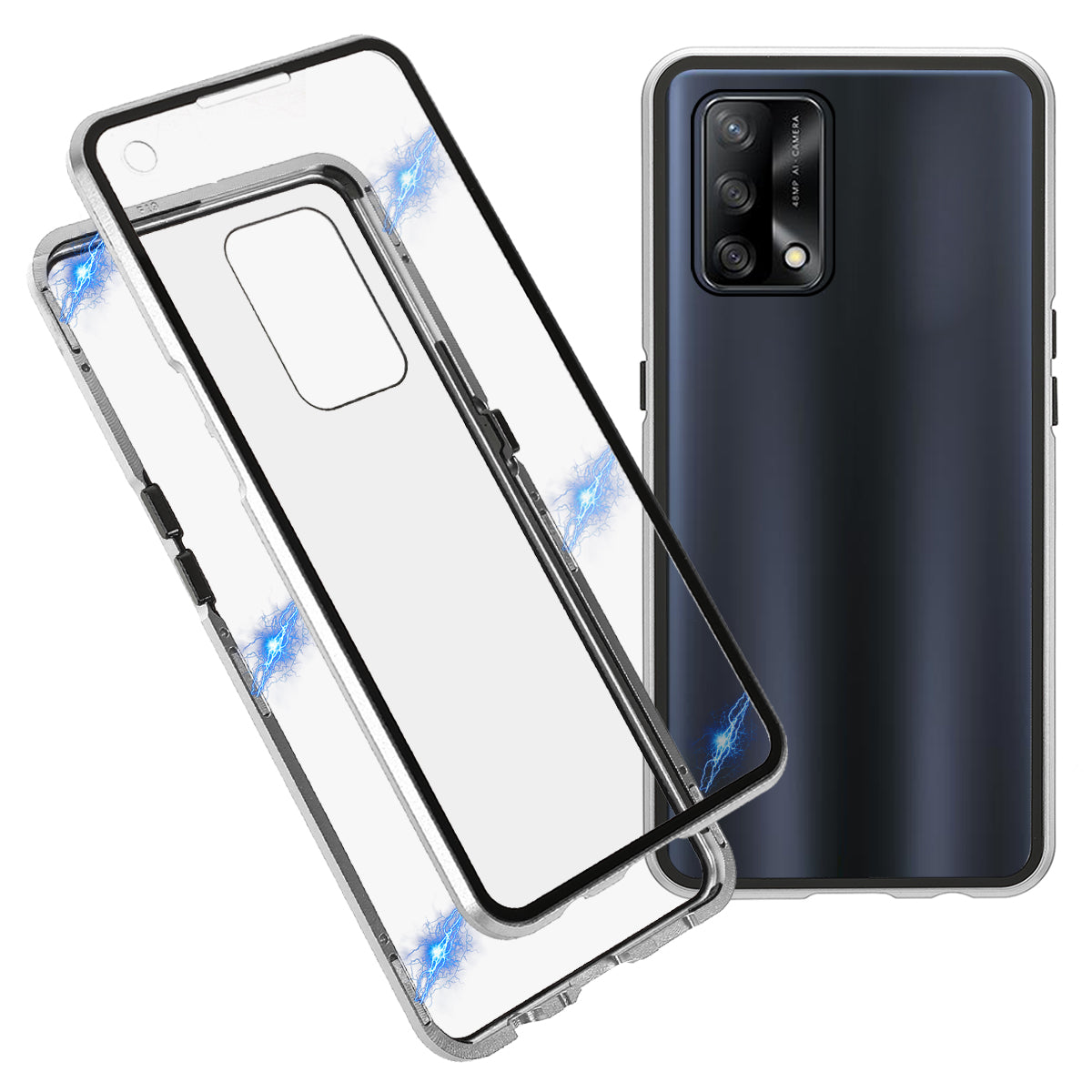 Metal Frame + Double-sided Tempered Glass Hybrid Cover Magnetic Absorption Full Coverage Phone Case for Oppo A74 4G/F19