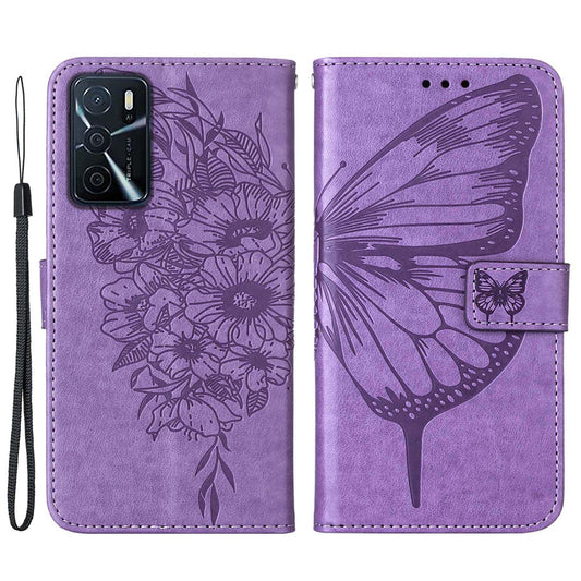 Wallet Design Case Imprinting Big Butterfly Flower Pattern Anti-scratch Drop-proof PU Leather Stand Phone Cover with Strap for Oppo A16/A16s/A54s/A55 5G