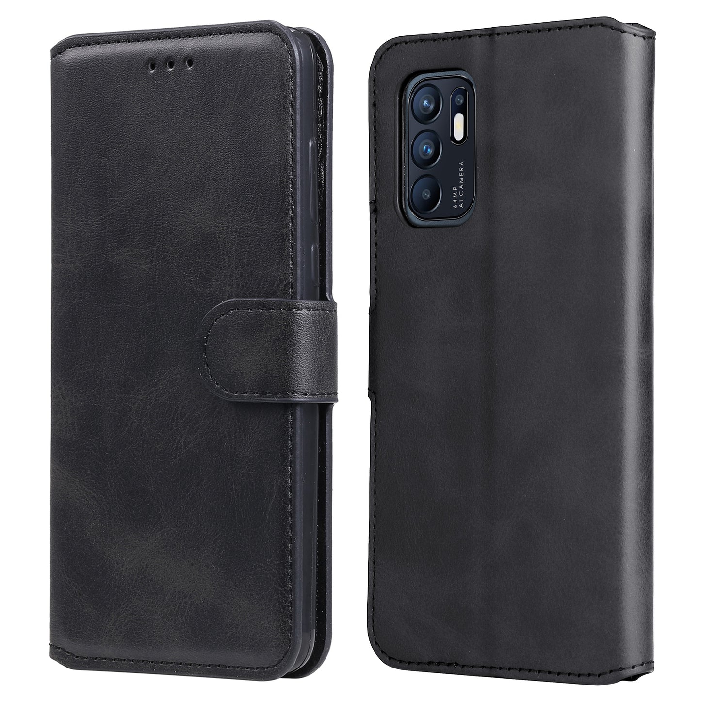 Fully Wrapped Wallet Stand PU Leather + TPU Magnetic Clasp Phone Cover Case for Oppo Reno6 4G