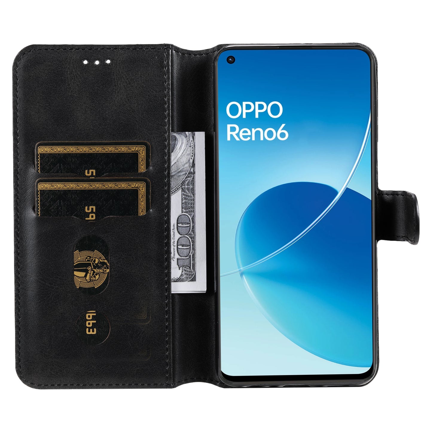 Fully Wrapped Wallet Stand PU Leather + TPU Magnetic Clasp Phone Cover Case for Oppo Reno6 4G