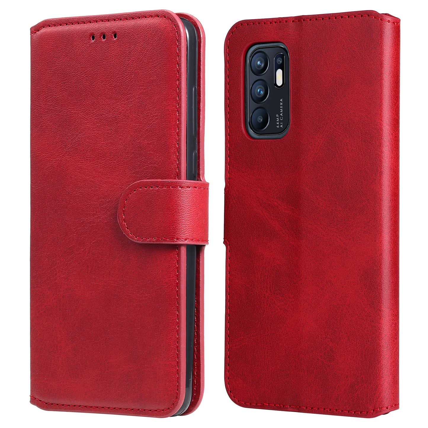 Fully Wrapped Wallet Stand PU Leather + TPU Magnetic Clasp Phone Cover Case for Oppo Reno6 4G