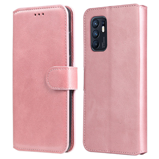 Fully Wrapped Wallet Stand PU Leather + TPU Magnetic Clasp Phone Cover Case for Oppo Reno6 4G