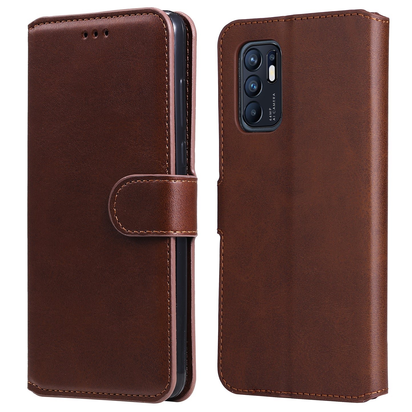 Fully Wrapped Wallet Stand PU Leather + TPU Magnetic Clasp Phone Cover Case for Oppo Reno6 4G