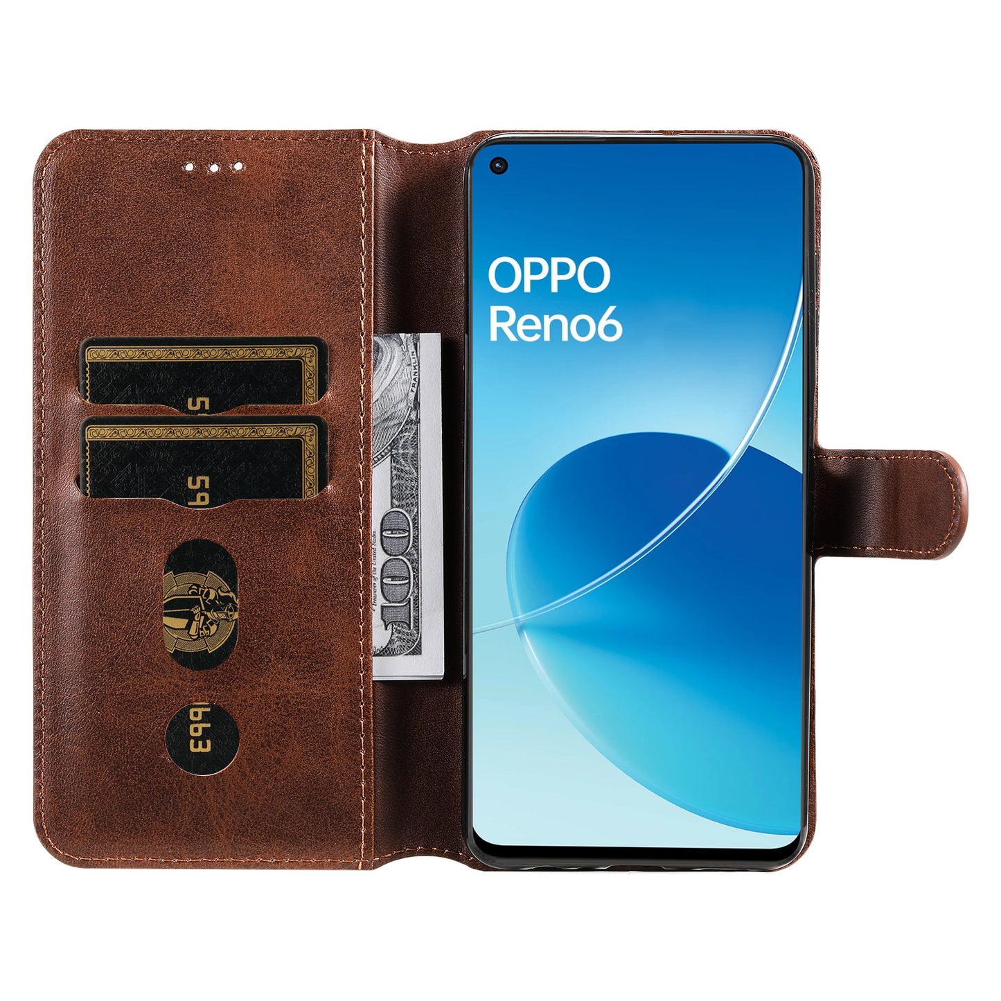 Fully Wrapped Wallet Stand PU Leather + TPU Magnetic Clasp Phone Cover Case for Oppo Reno6 4G