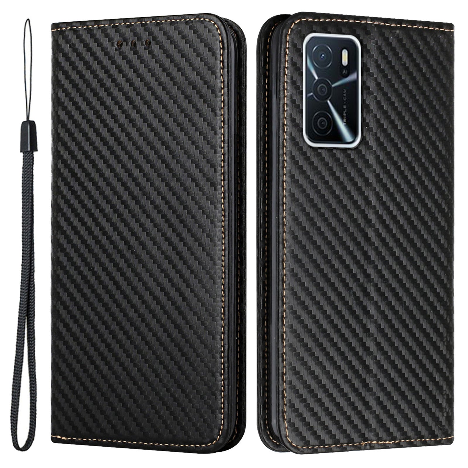 Anti-fall Carbon Fiber Texture Stand Wallet Design Auto-absorbed Leather Case Cover with Hand Strap for Oppo A16 / A16s / A54s