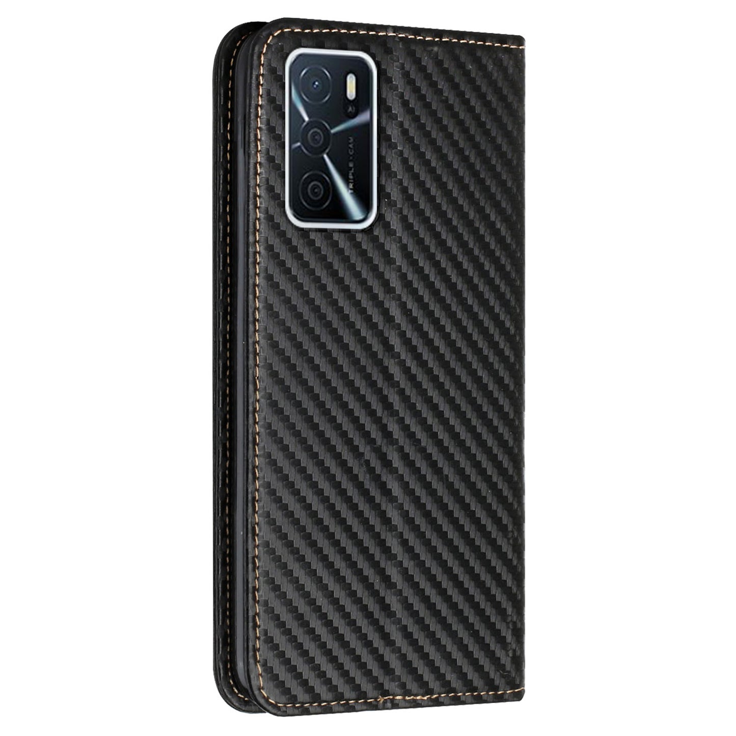 Anti-fall Carbon Fiber Texture Stand Wallet Design Auto-absorbed Leather Case Cover with Hand Strap for Oppo A16 / A16s / A54s