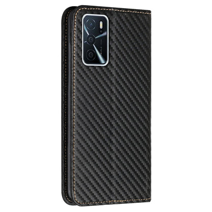 Anti-fall Carbon Fiber Texture Stand Wallet Design Auto-absorbed Leather Case Cover with Hand Strap for Oppo A16 / A16s / A54s