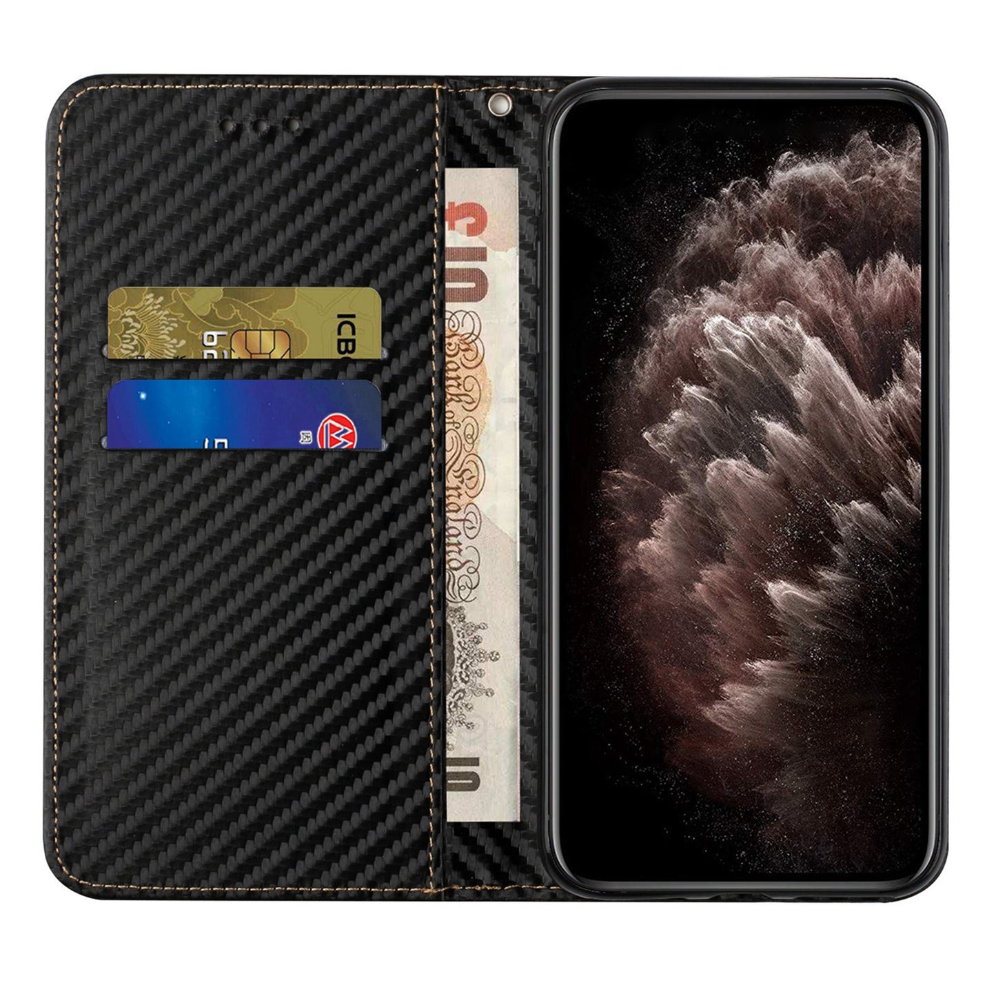 Anti-fall Carbon Fiber Texture Stand Wallet Design Auto-absorbed Leather Case Cover with Hand Strap for Oppo A16 / A16s / A54s