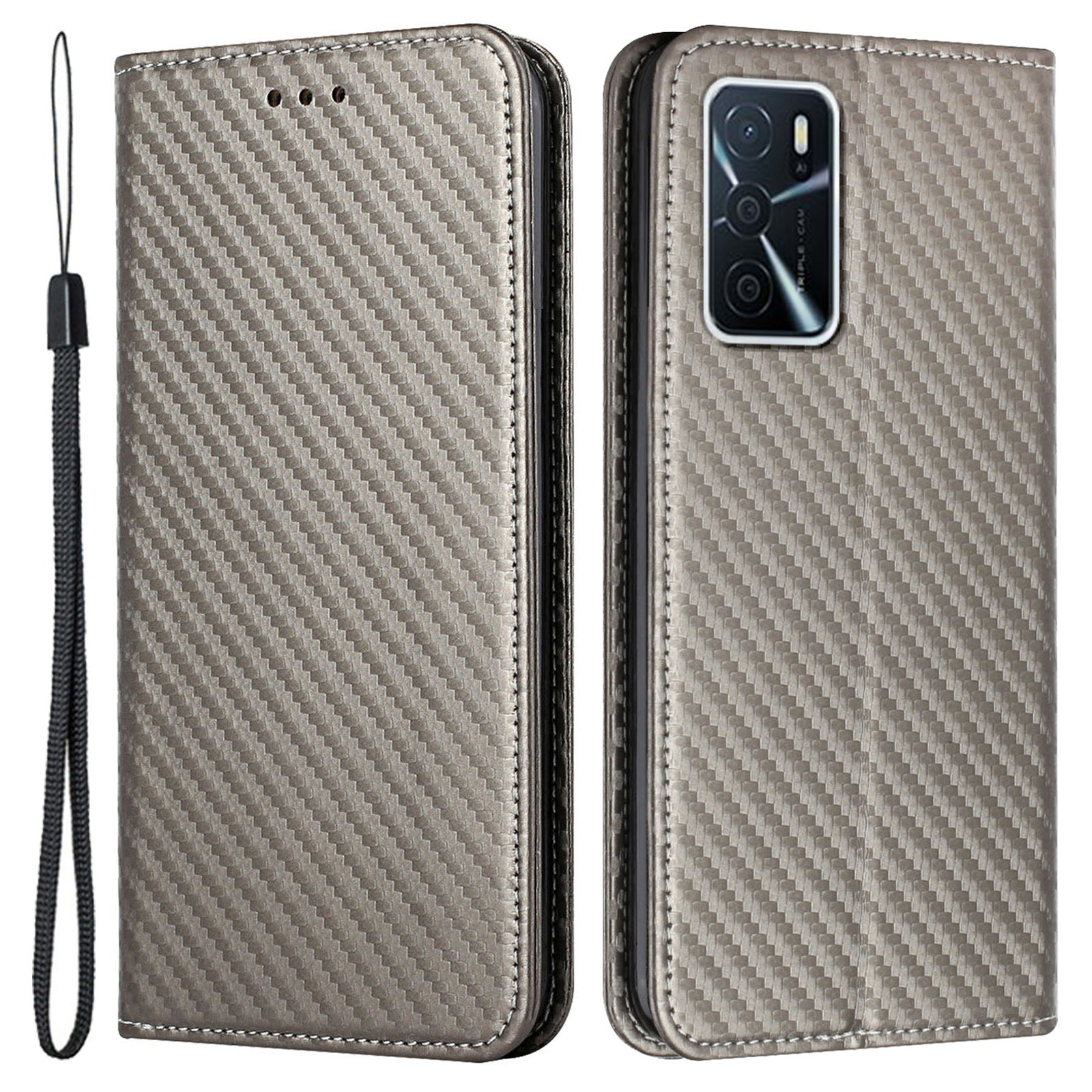 Anti-fall Carbon Fiber Texture Stand Wallet Design Auto-absorbed Leather Case Cover with Hand Strap for Oppo A16 / A16s / A54s