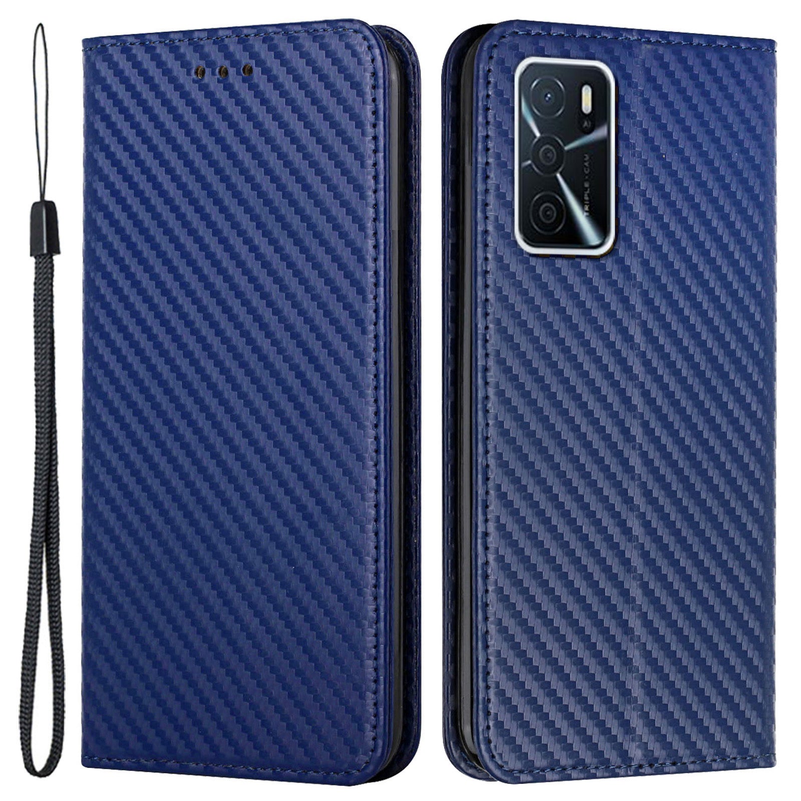 Anti-fall Carbon Fiber Texture Stand Wallet Design Auto-absorbed Leather Case Cover with Hand Strap for Oppo A16 / A16s / A54s