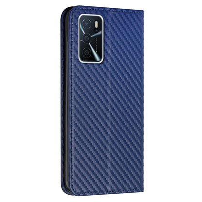 Anti-fall Carbon Fiber Texture Stand Wallet Design Auto-absorbed Leather Case Cover with Hand Strap for Oppo A16 / A16s / A54s