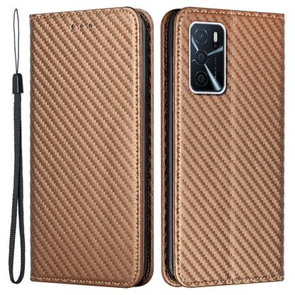 Anti-fall Carbon Fiber Texture Stand Wallet Design Auto-absorbed Leather Case Cover with Hand Strap for Oppo A16 / A16s / A54s