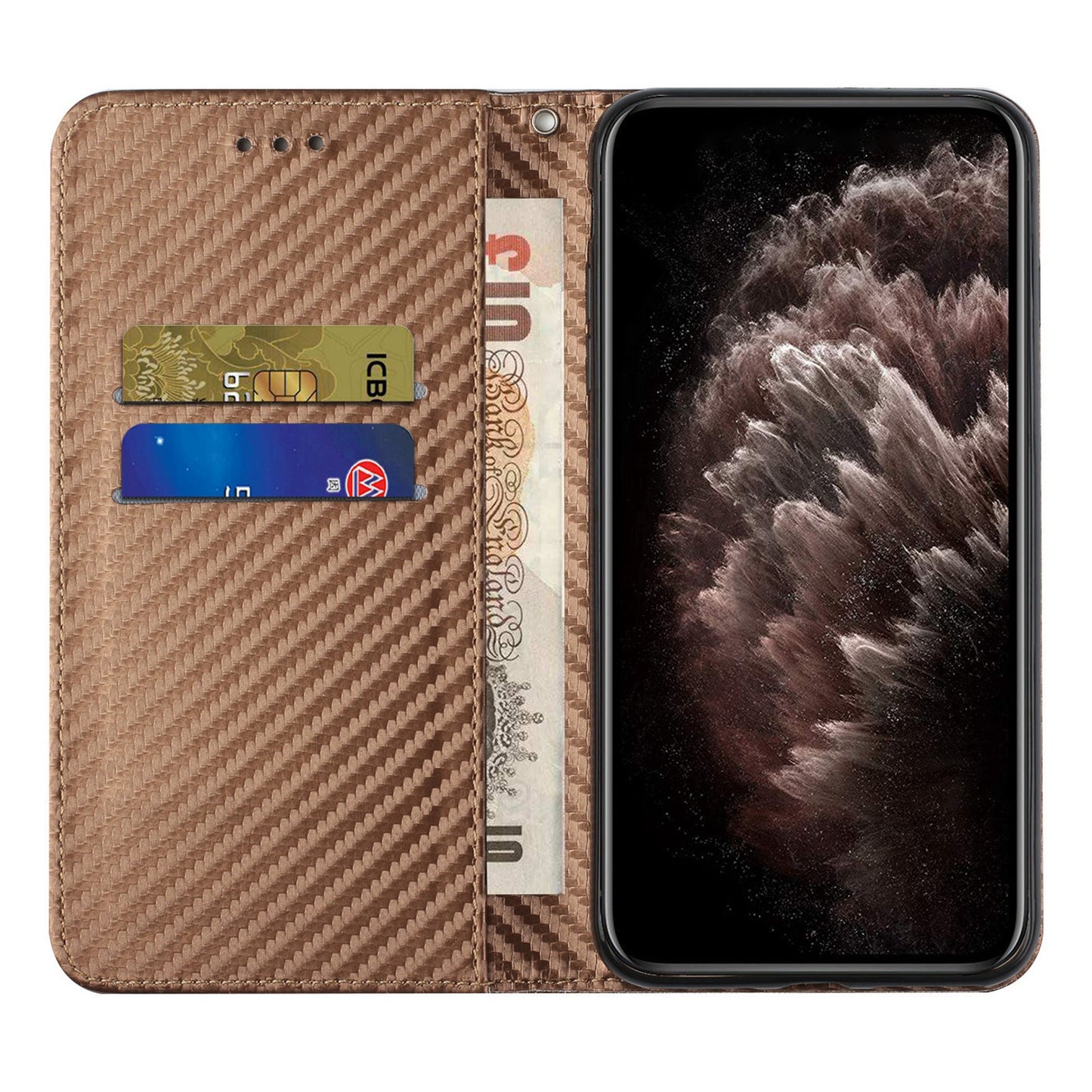 Anti-fall Carbon Fiber Texture Stand Wallet Design Auto-absorbed Leather Case Cover with Hand Strap for Oppo A16 / A16s / A54s