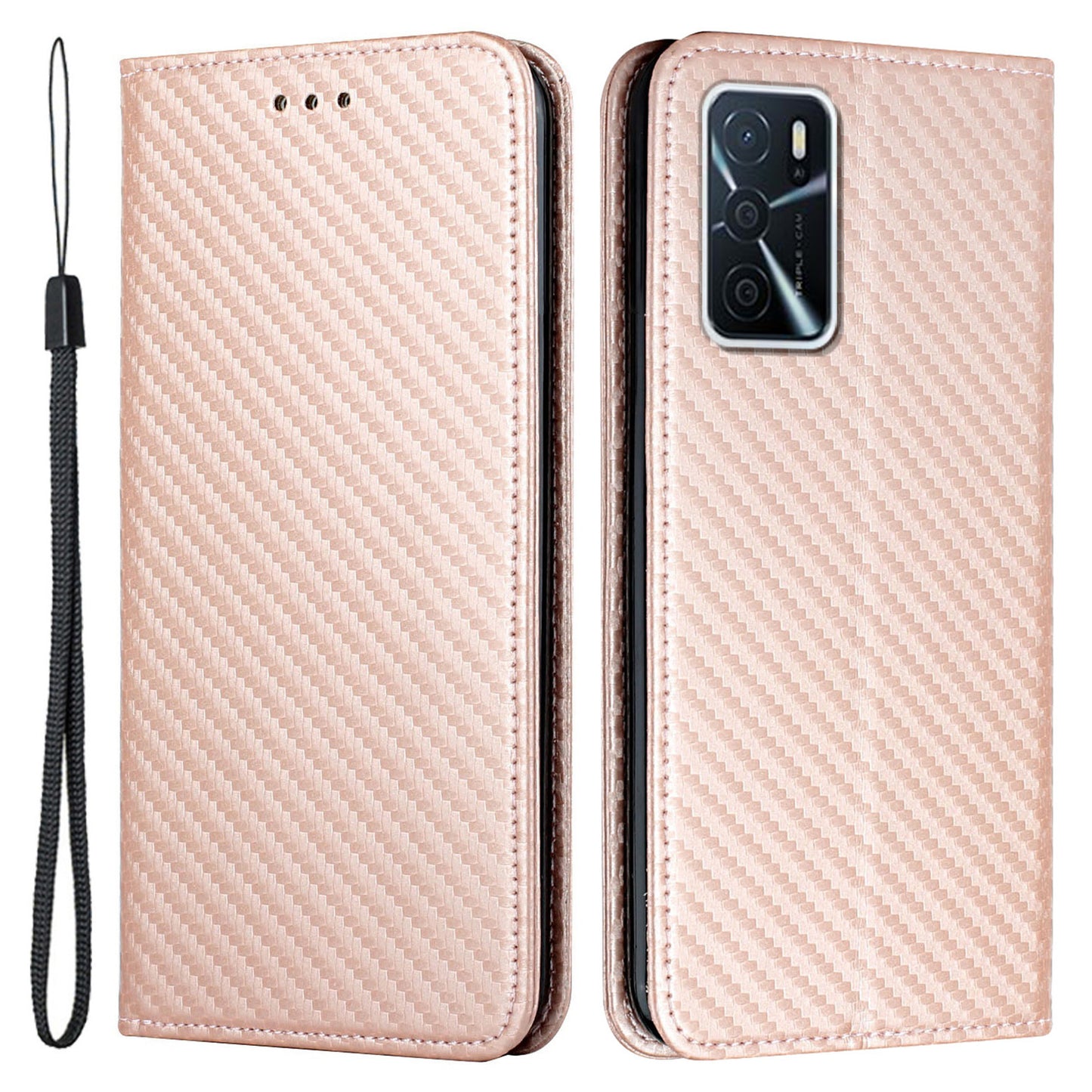 Anti-fall Carbon Fiber Texture Stand Wallet Design Auto-absorbed Leather Case Cover with Hand Strap for Oppo A16 / A16s / A54s