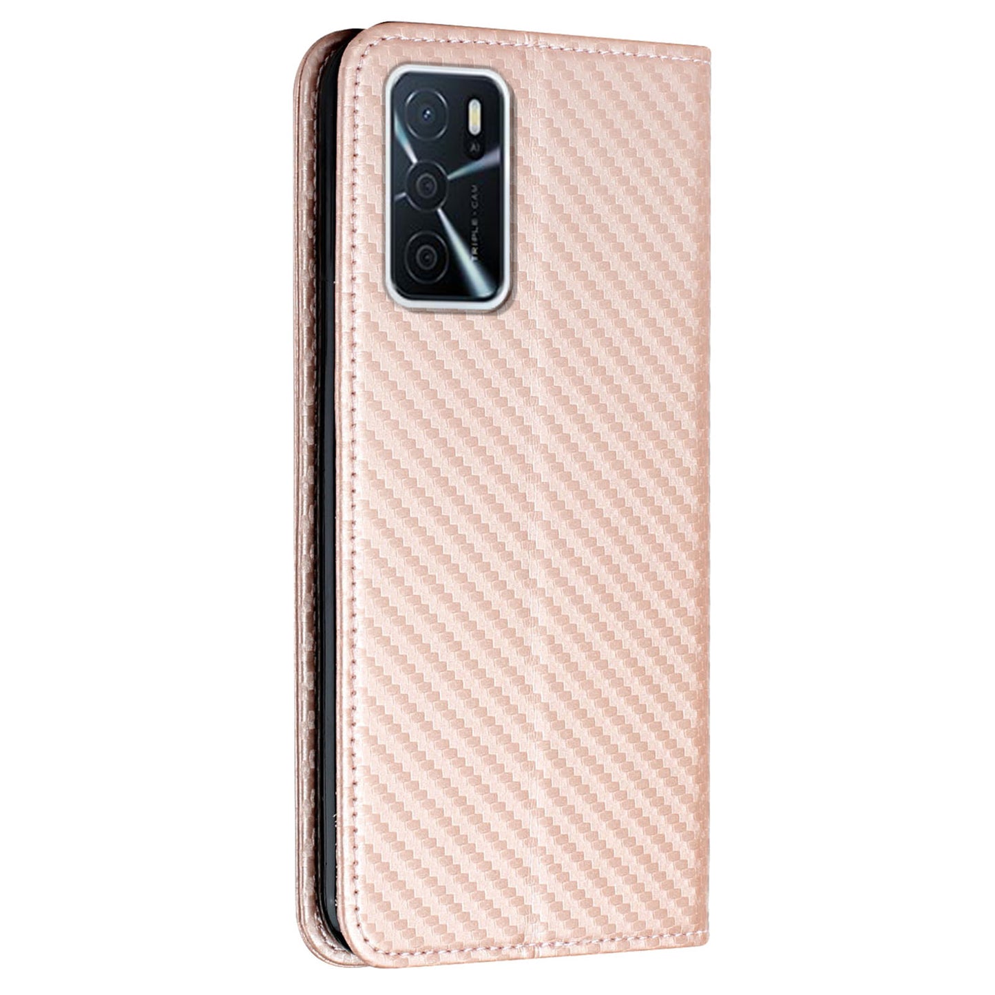 Anti-fall Carbon Fiber Texture Stand Wallet Design Auto-absorbed Leather Case Cover with Hand Strap for Oppo A16 / A16s / A54s