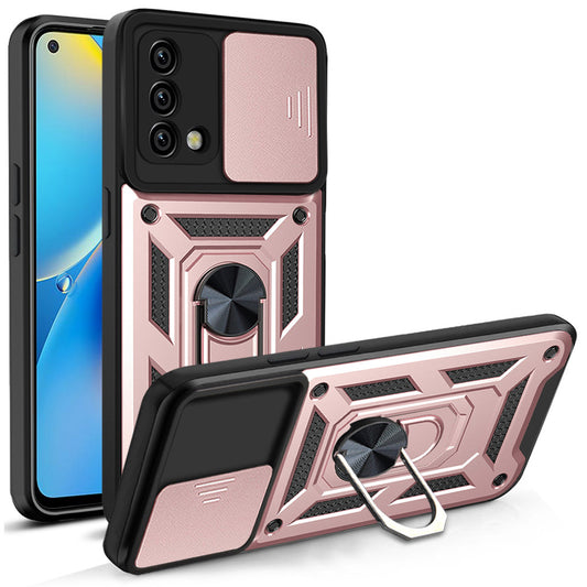 For Oppo A74 4G Camera Slide Cover Ring Holder Kickstand Shockproof PC + TPU Phone Case