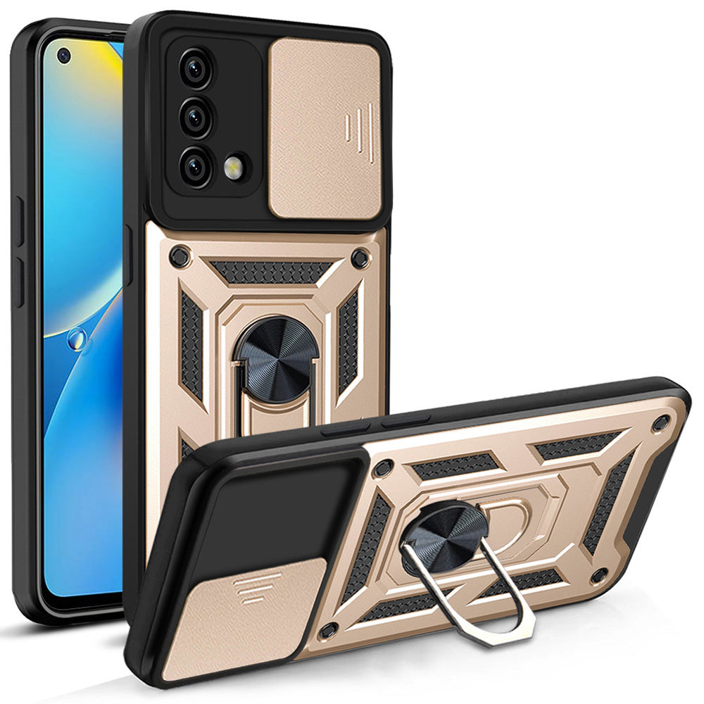 For Oppo A74 4G Camera Slide Cover Ring Holder Kickstand Shockproof PC + TPU Phone Case