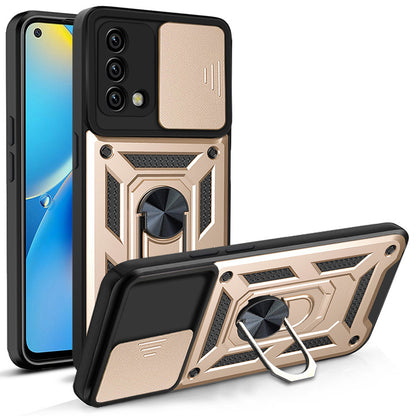 For Oppo A74 4G Camera Slide Cover Ring Holder Kickstand Shockproof PC + TPU Phone Case