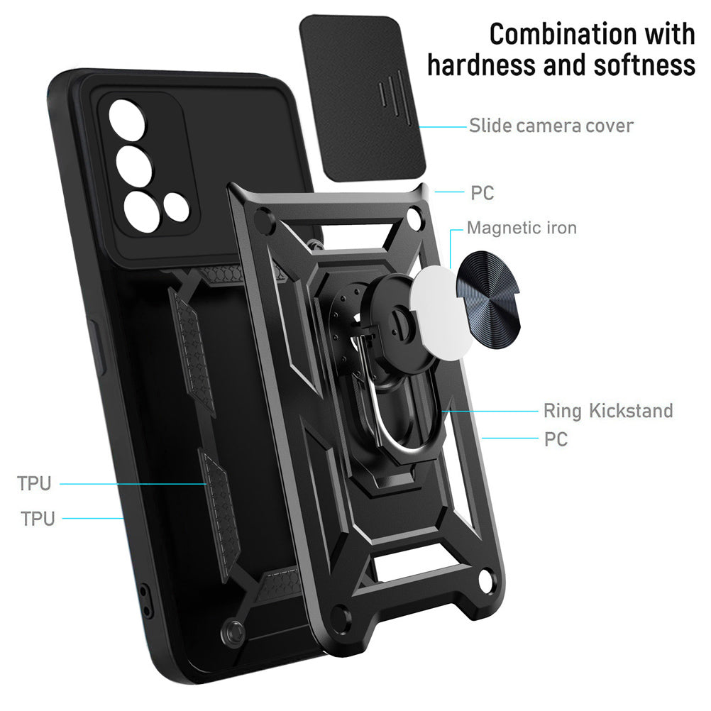 For Oppo A74 4G Camera Slide Cover Ring Holder Kickstand Shockproof PC + TPU Phone Case