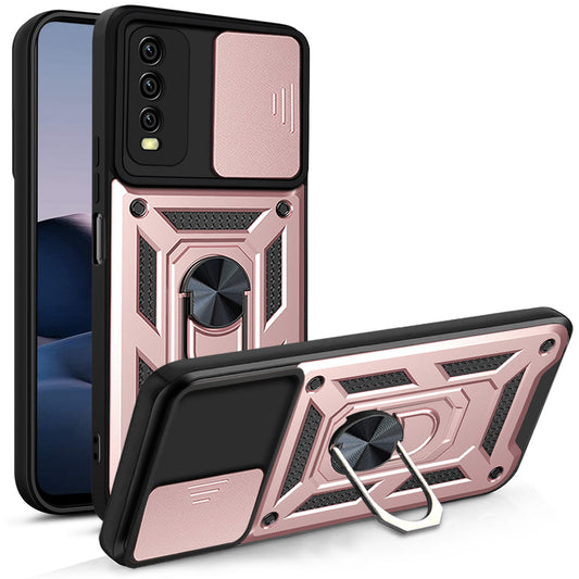 Ring Kickstand Design Camera Slide Cover PC + TPU Anti-fall Hybrid Case Cover for vivo Y20