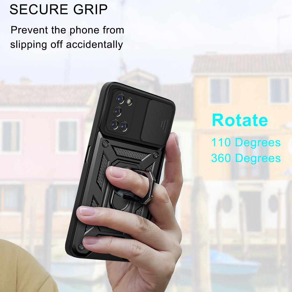 Ring Holder Kickstand Camera Slide Cover Design PC + TPU Phone Back Cover Case for OPPO A52/A72/A92