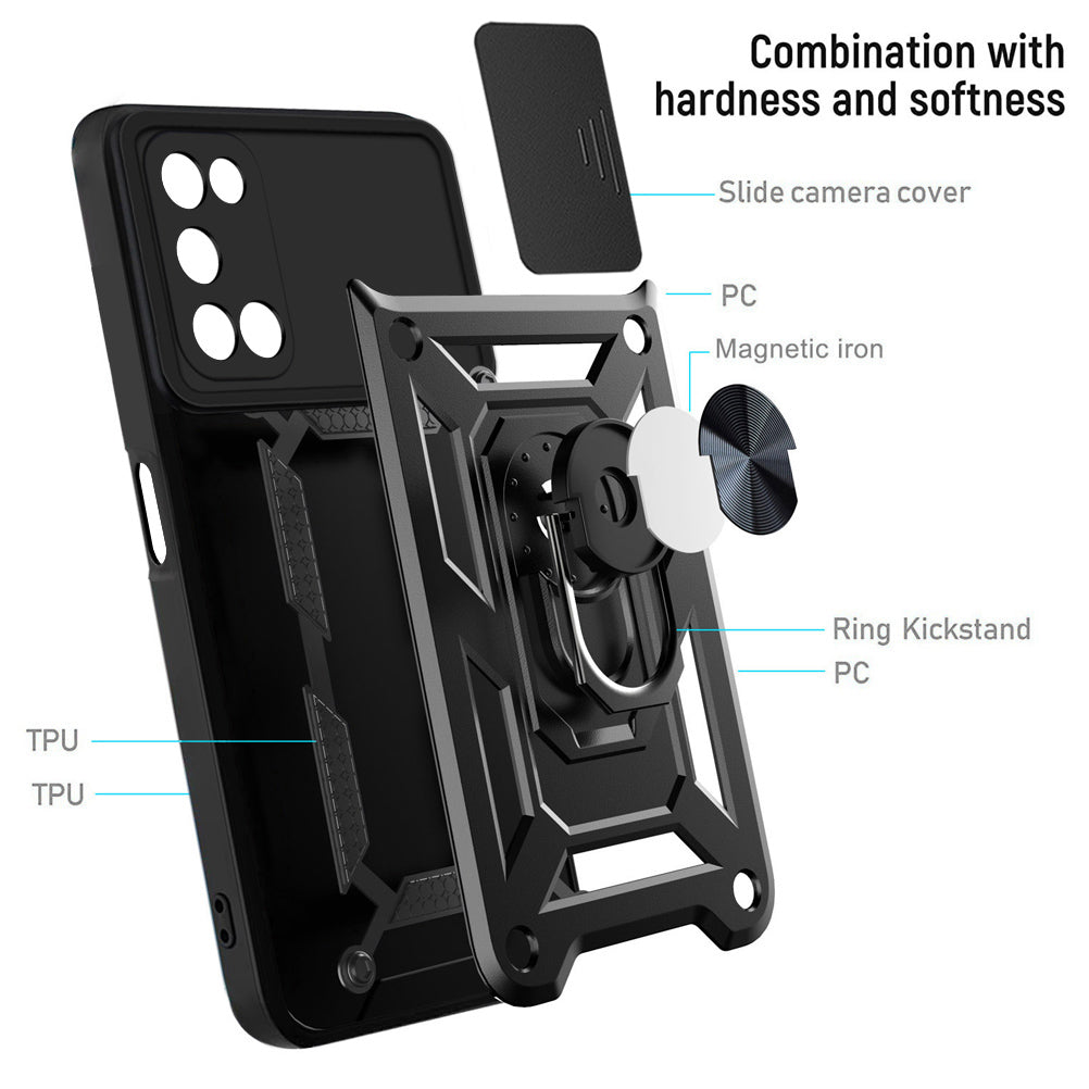 Ring Holder Kickstand Camera Slide Cover Design PC + TPU Phone Back Cover Case for OPPO A52/A72/A92